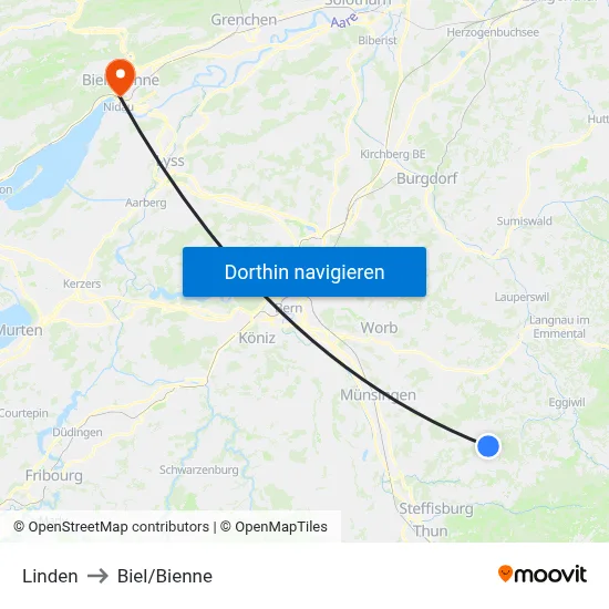 Linden to Biel/Bienne map
