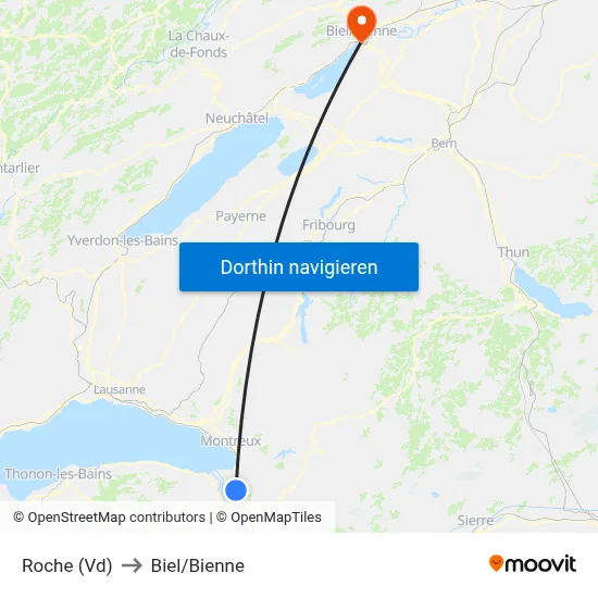 Roche (Vd) to Biel/Bienne map