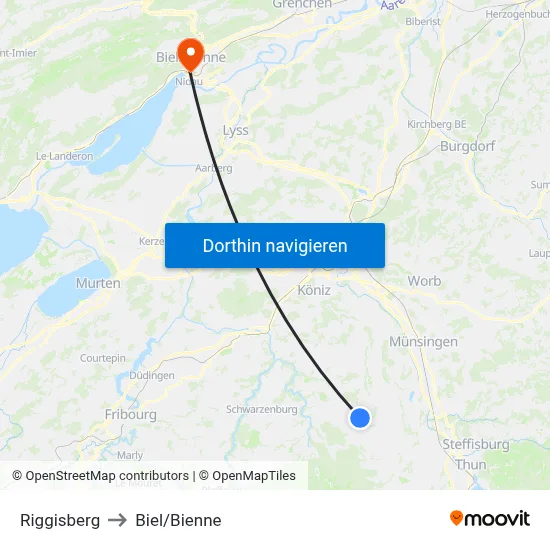 Riggisberg to Biel/Bienne map