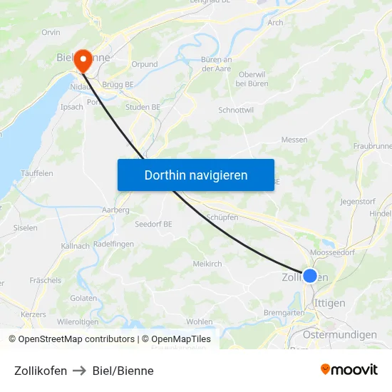 Zollikofen to Biel/Bienne map