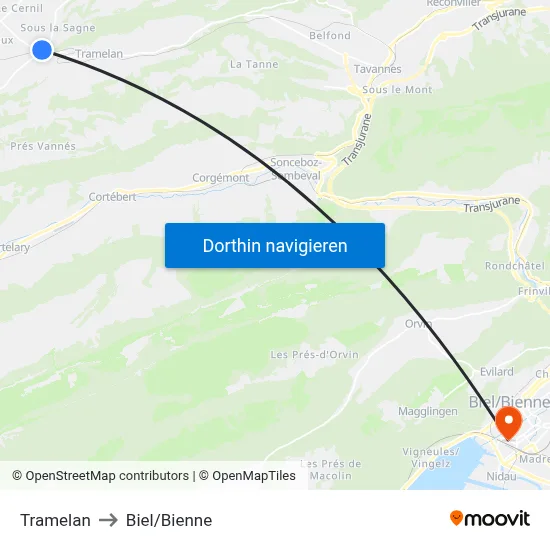 Tramelan to Biel/Bienne map