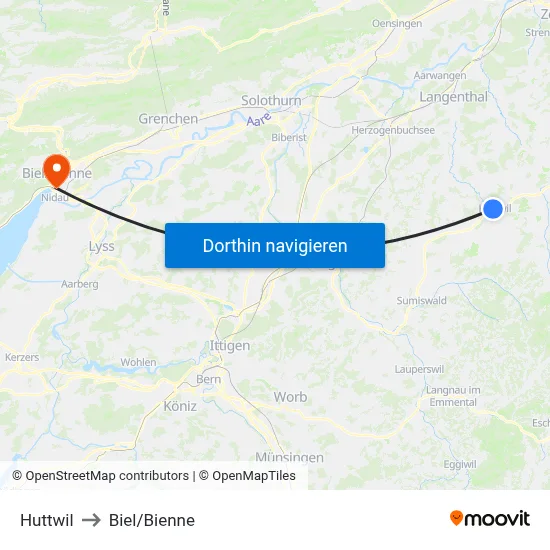 Huttwil to Biel/Bienne map
