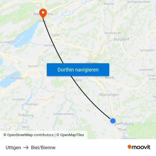 Uttigen to Biel/Bienne map