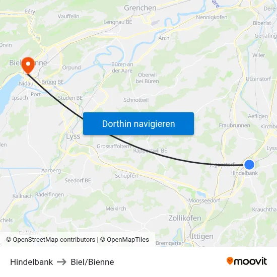 Hindelbank to Biel/Bienne map