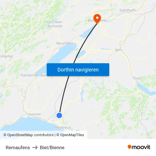 Remaufens to Biel/Bienne map
