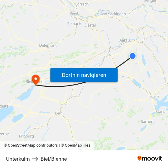 Unterkulm to Biel/Bienne map