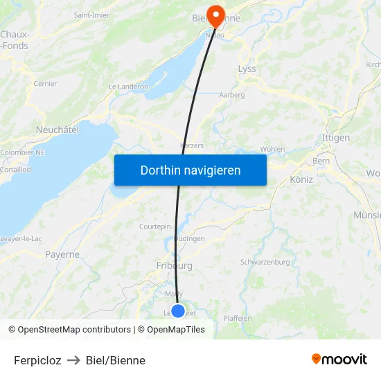 Ferpicloz to Biel/Bienne map