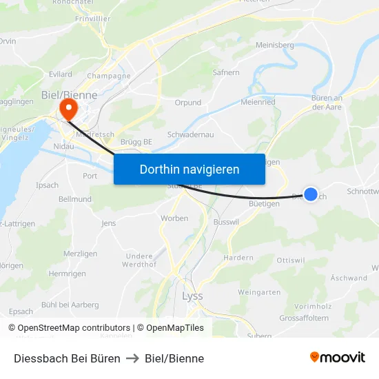 Diessbach Bei Büren to Biel/Bienne map