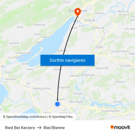 Ried Bei Kerzers to Biel/Bienne map