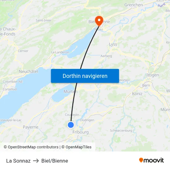 La Sonnaz to Biel/Bienne map