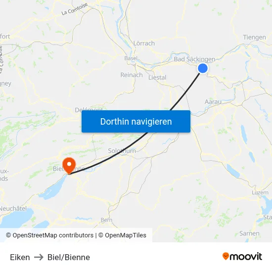 Eiken to Biel/Bienne map