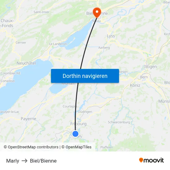 Marly to Biel/Bienne map
