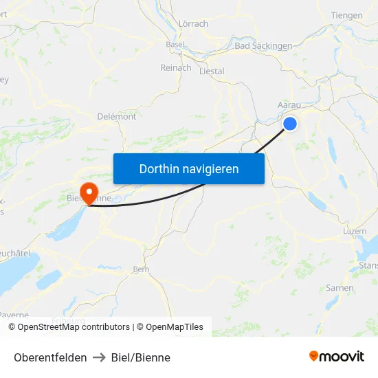 Oberentfelden to Biel/Bienne map