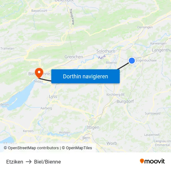 Etziken to Biel/Bienne map