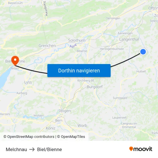 Melchnau to Biel/Bienne map