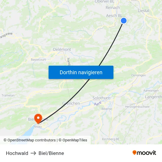 Hochwald to Biel/Bienne map