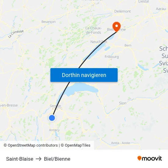 Saint-Blaise to Biel/Bienne map