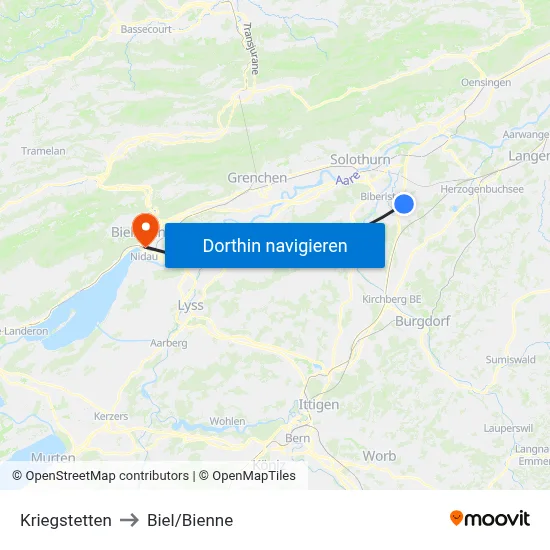Kriegstetten to Biel/Bienne map