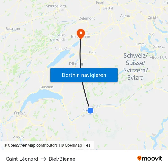 Saint-Léonard to Biel/Bienne map