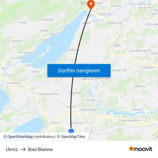 Ulmiz to Biel/Bienne map