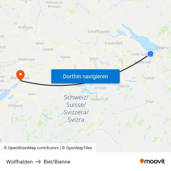 Wolfhalden to Biel/Bienne map