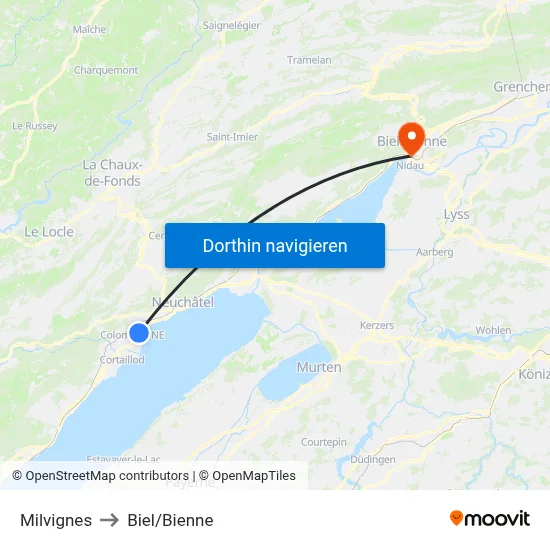 Milvignes to Biel/Bienne map