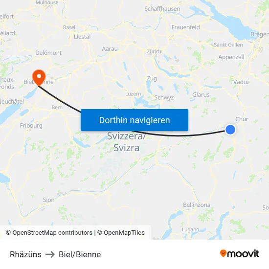 Rhäzüns to Biel/Bienne map