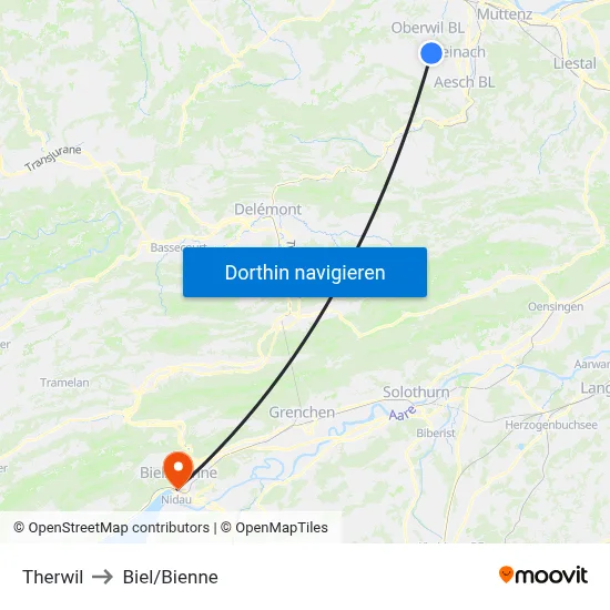 Therwil to Biel/Bienne map