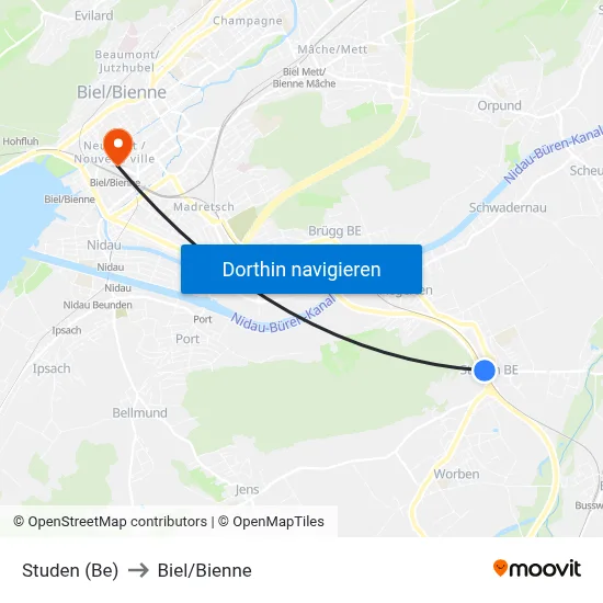 Studen (Be) to Biel/Bienne map
