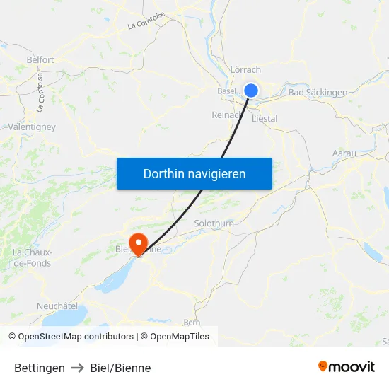 Bettingen to Biel/Bienne map