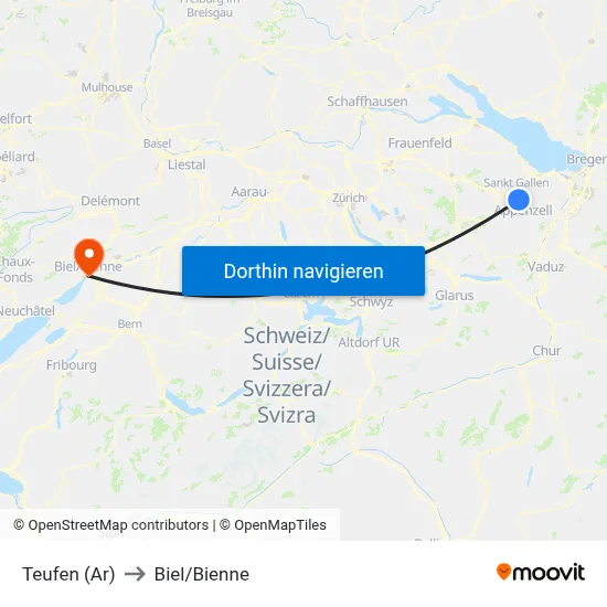 Teufen (Ar) to Biel/Bienne map