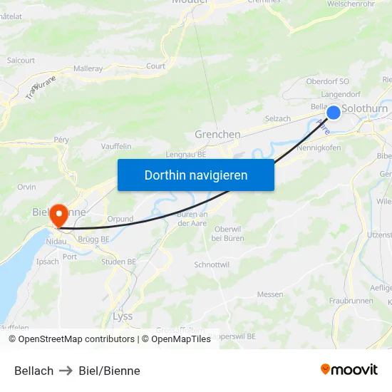 Bellach to Biel/Bienne map