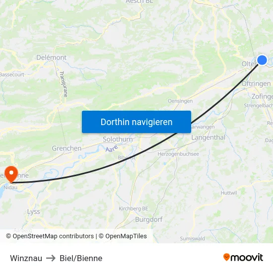 Winznau to Biel/Bienne map