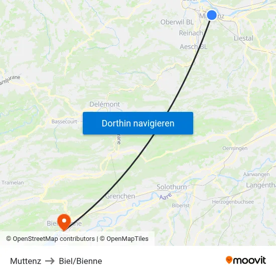 Muttenz to Biel/Bienne map