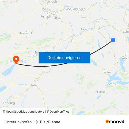 Unterlunkhofen to Biel/Bienne map