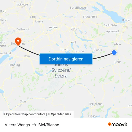Vilters-Wangs to Biel/Bienne map