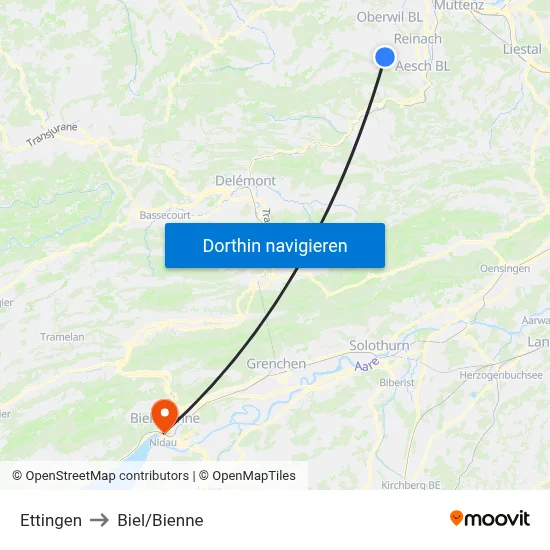 Ettingen to Biel/Bienne map