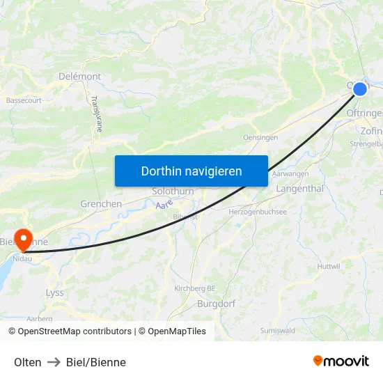 Olten to Biel/Bienne map