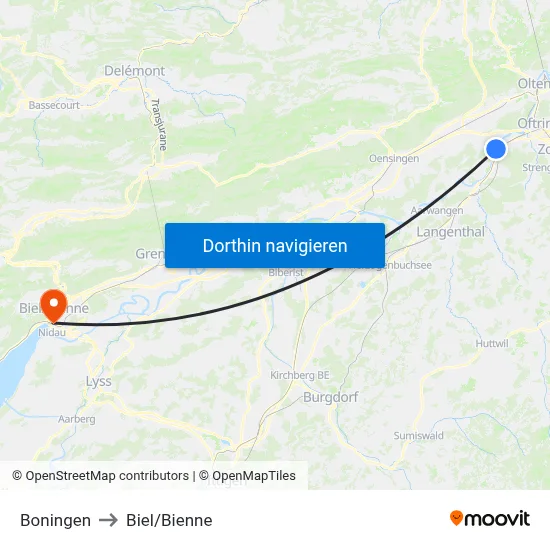 Boningen to Biel/Bienne map