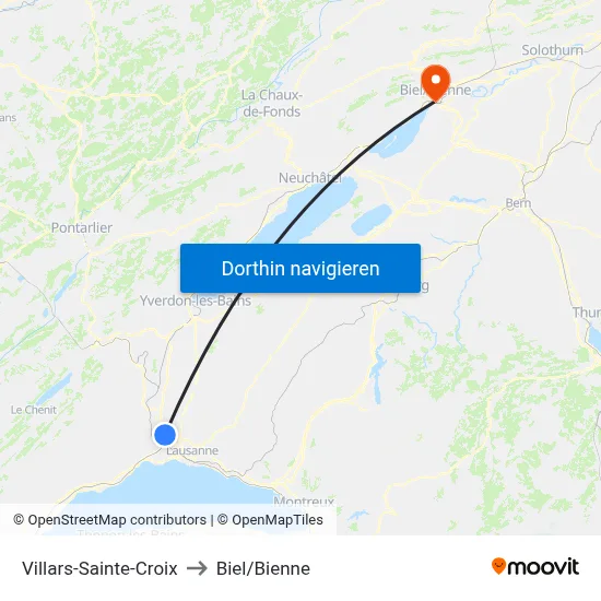 Villars-Sainte-Croix to Biel/Bienne map