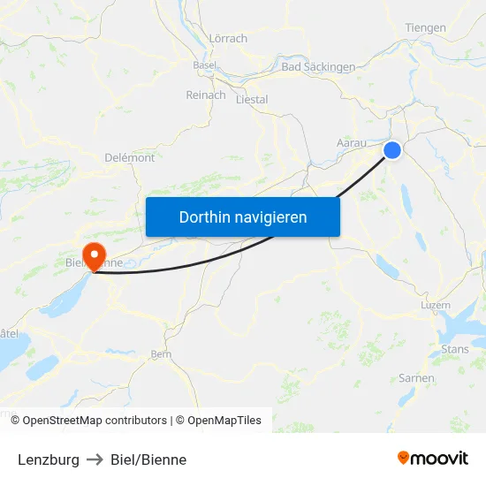 Lenzburg to Biel/Bienne map