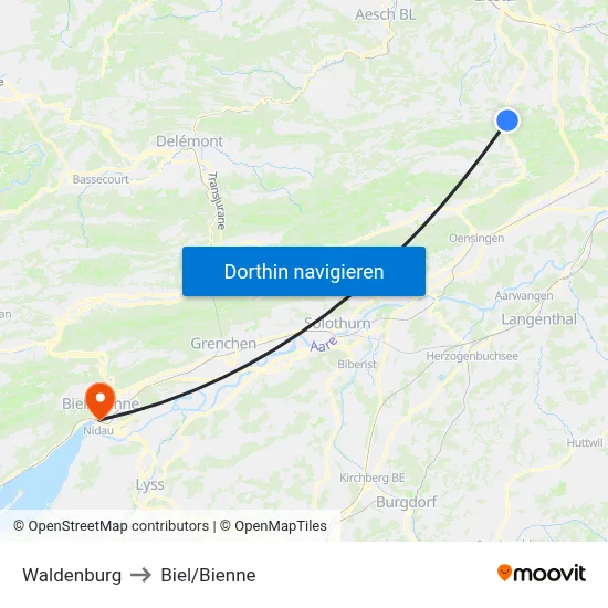 Waldenburg to Biel/Bienne map