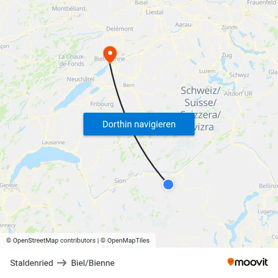 Staldenried to Biel/Bienne map