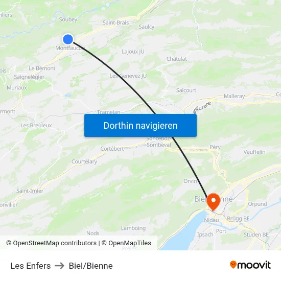 Les Enfers to Biel/Bienne map