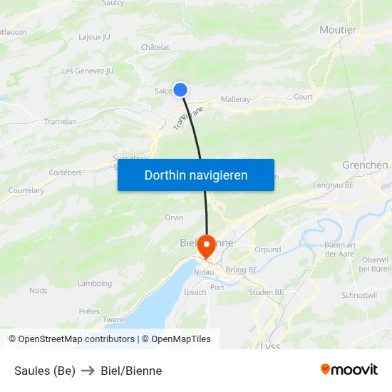 Saules (Be) to Biel/Bienne map