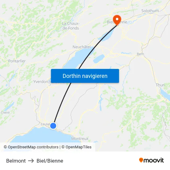 Belmont to Biel/Bienne map