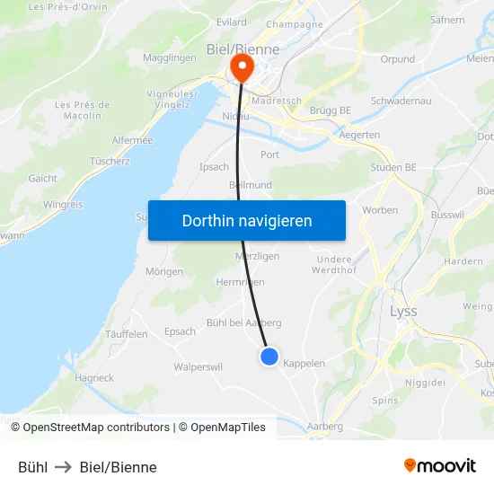 Bühl to Biel/Bienne map