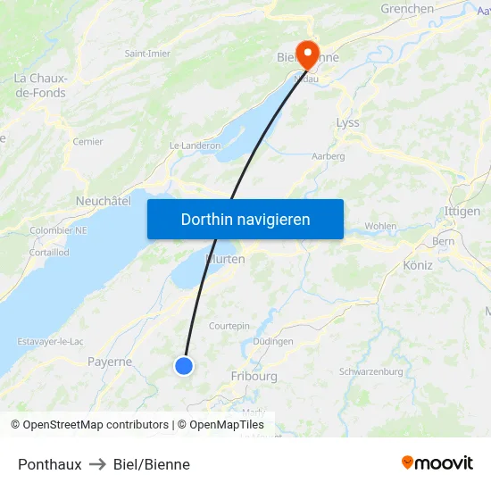 Ponthaux to Biel/Bienne map