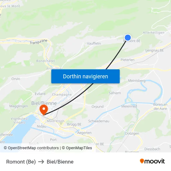 Romont (Be) to Biel/Bienne map