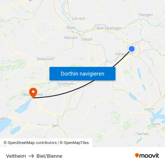 Veltheim to Biel/Bienne map